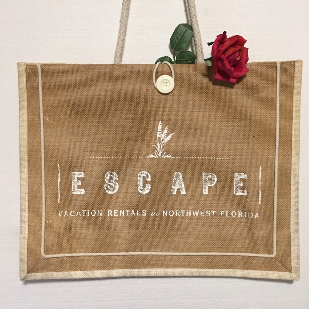 Escape Burlap Beach Bag Tote Tan Cream Like New